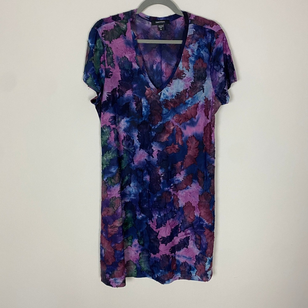 Karen Kane Abstract Burnout Dress Womens XL Purple Short Sleeve Semi Sheer Artsy